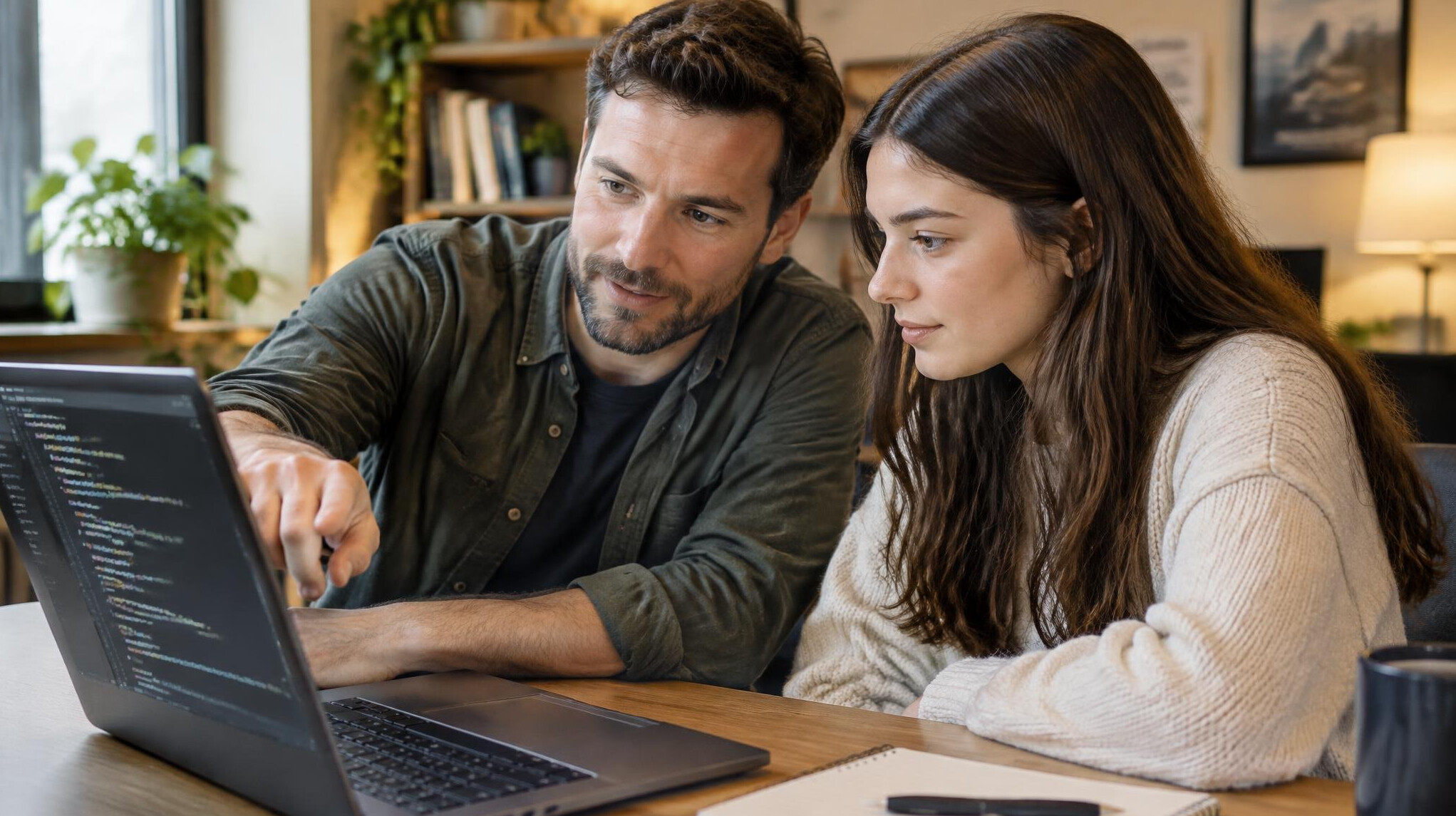 Mentor explaining code on a laptop to a student