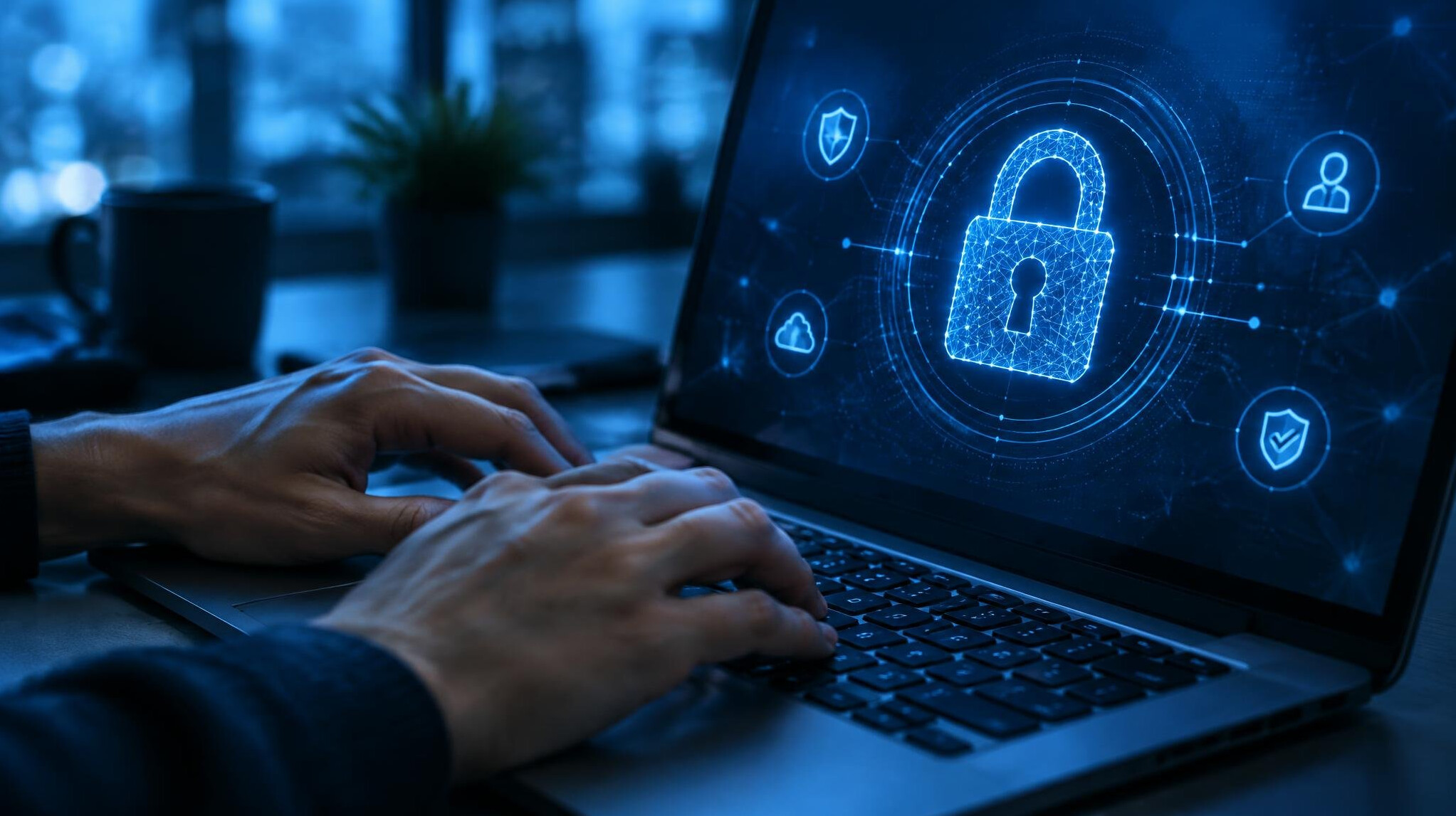 Person typing on a laptop with a digital padlock security graphic